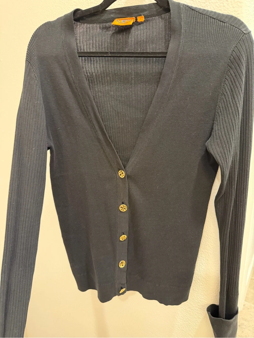 Tory Burch Black Ribbed V‑Neck Cardigan with Gold Buttons